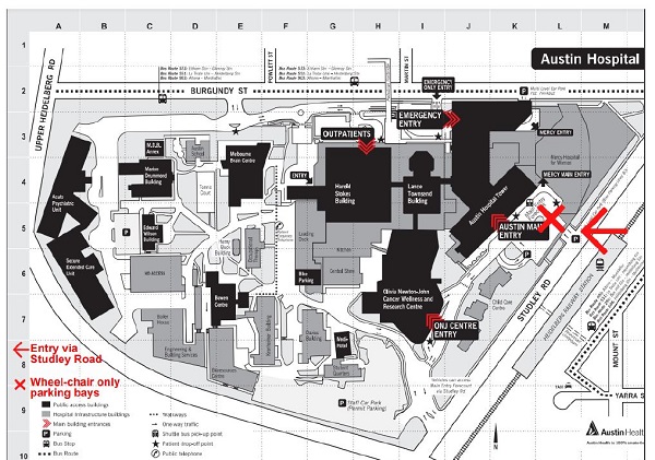 Austin Tower accessible parking map showing entrance on Studley Road and the location of the parking bays.